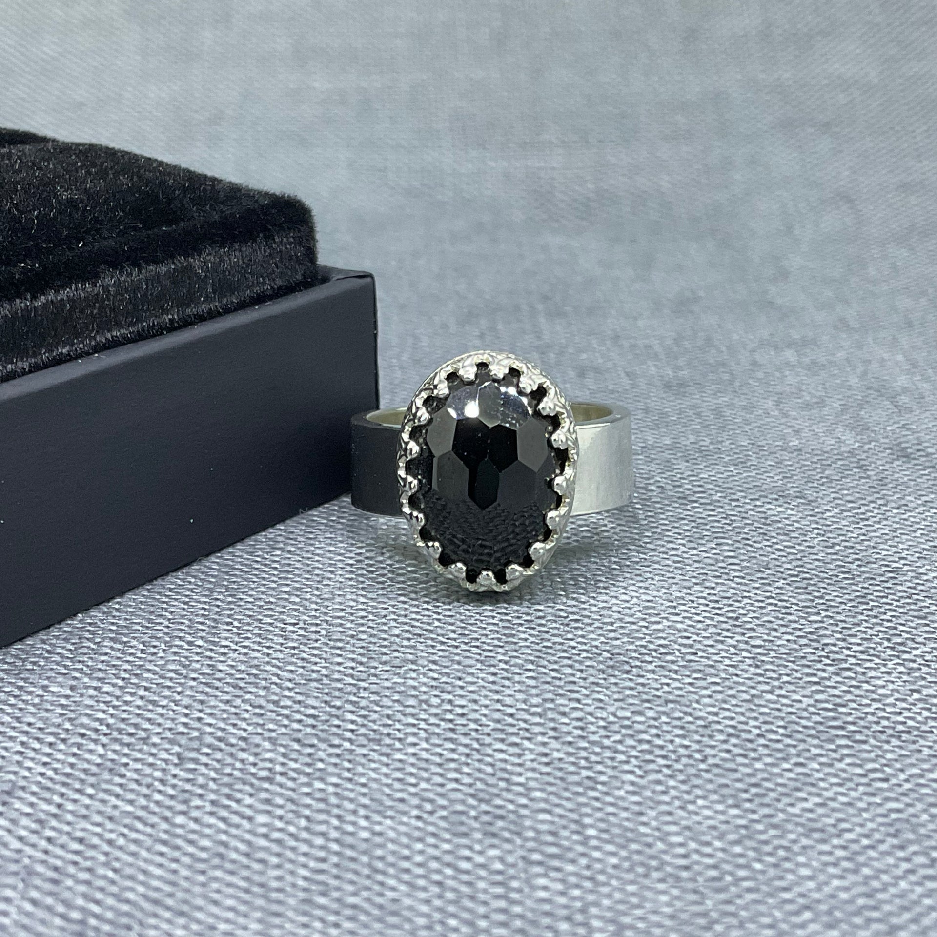 Faceted Black Spinel Sterling Silver Ring, Size M / US 6 1/4
