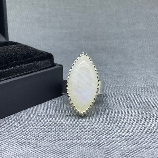 Rainbow Moonstone Marquise Sterling Silver Ring, Size N / US 7