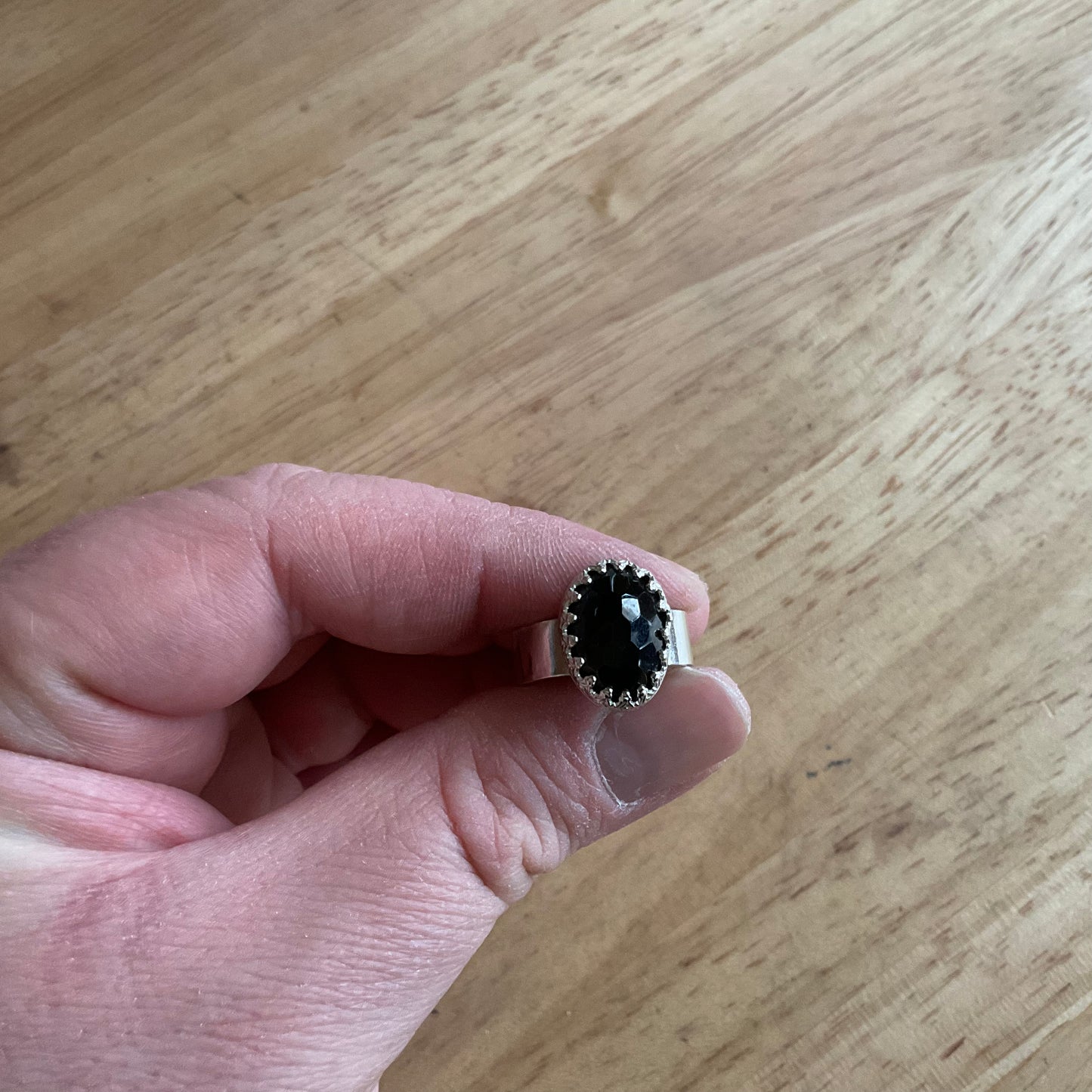 Faceted Black Spinel Sterling Silver Ring, Size M / US 6 1/4