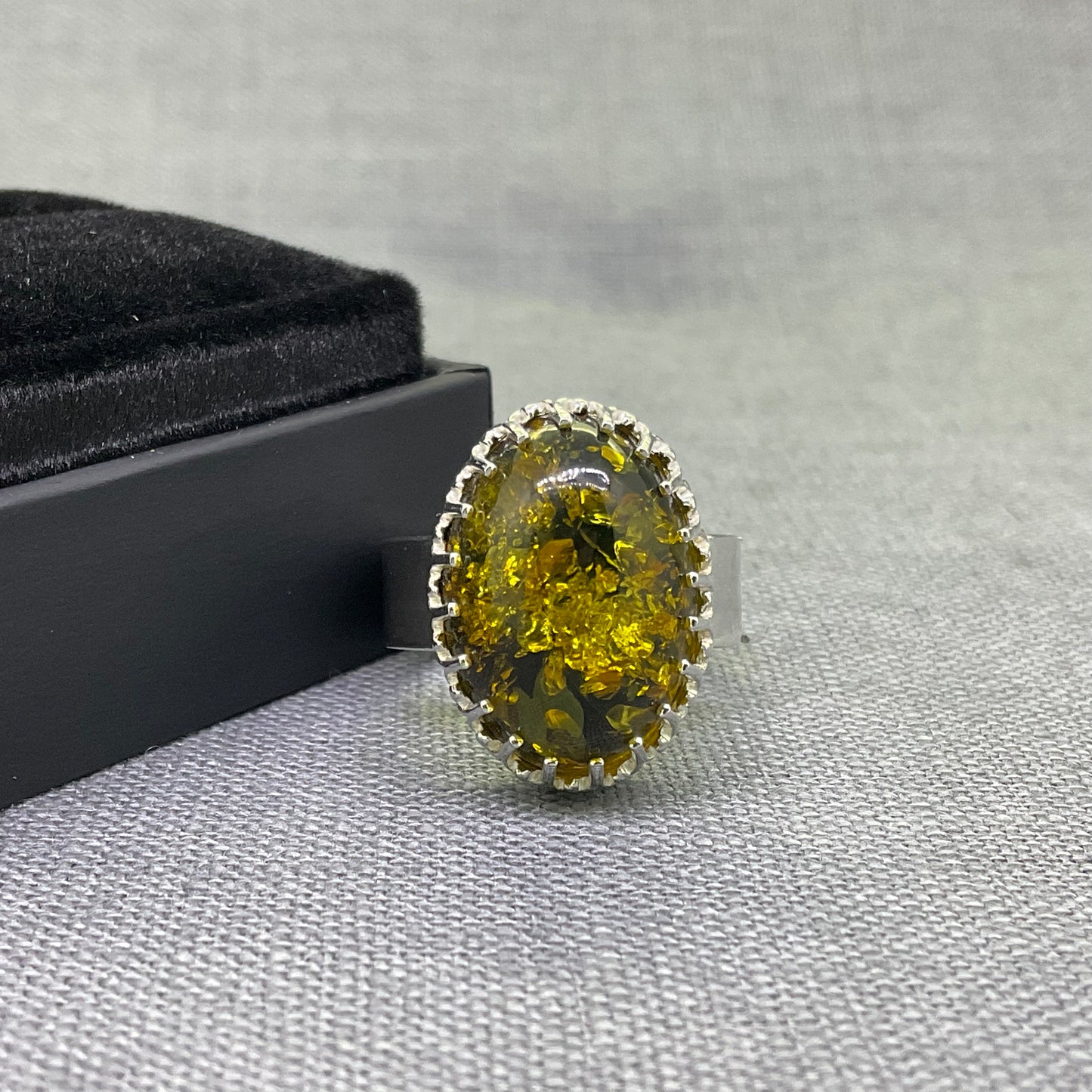 Green Amber Sterling Silver Ring, Size N / US 7