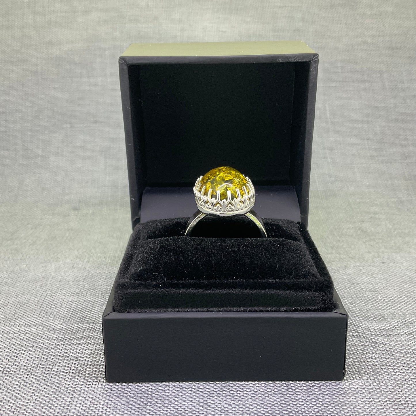 Green Amber Sterling Silver Ring, Size N / US 7